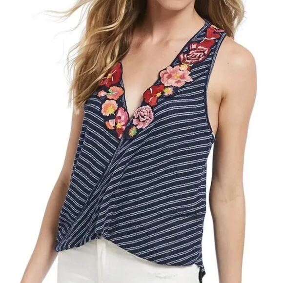 Free People Tops - Free People Frida Embroidered Striped Tank Navy Womens Small Floral Flattering